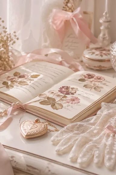 Vanity flat lay with gloss, pearls and a ribbon bow