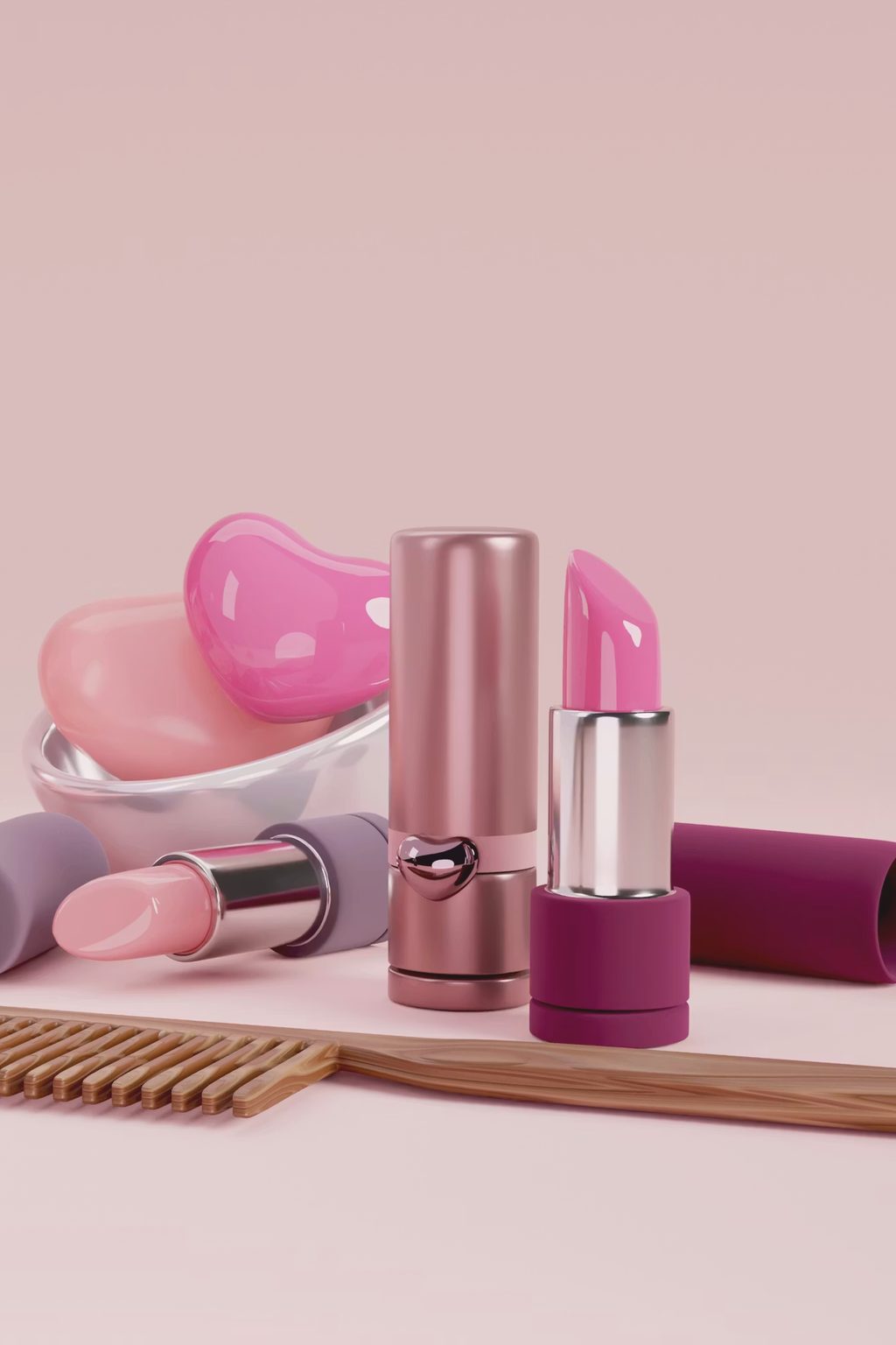 Hand with gold rings holding a pink lip gloss