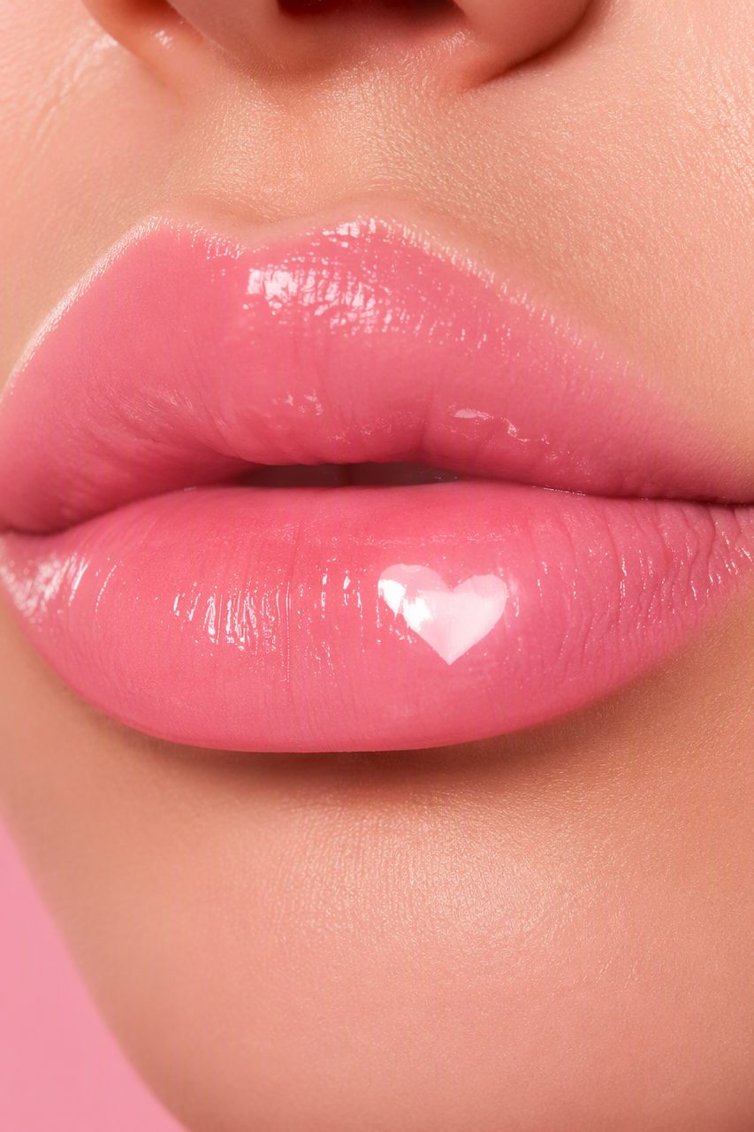 Smiling model with glossy pink lips and heart confetti