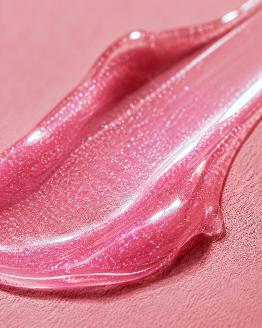 Macro smear of shimmering pink lip gloss